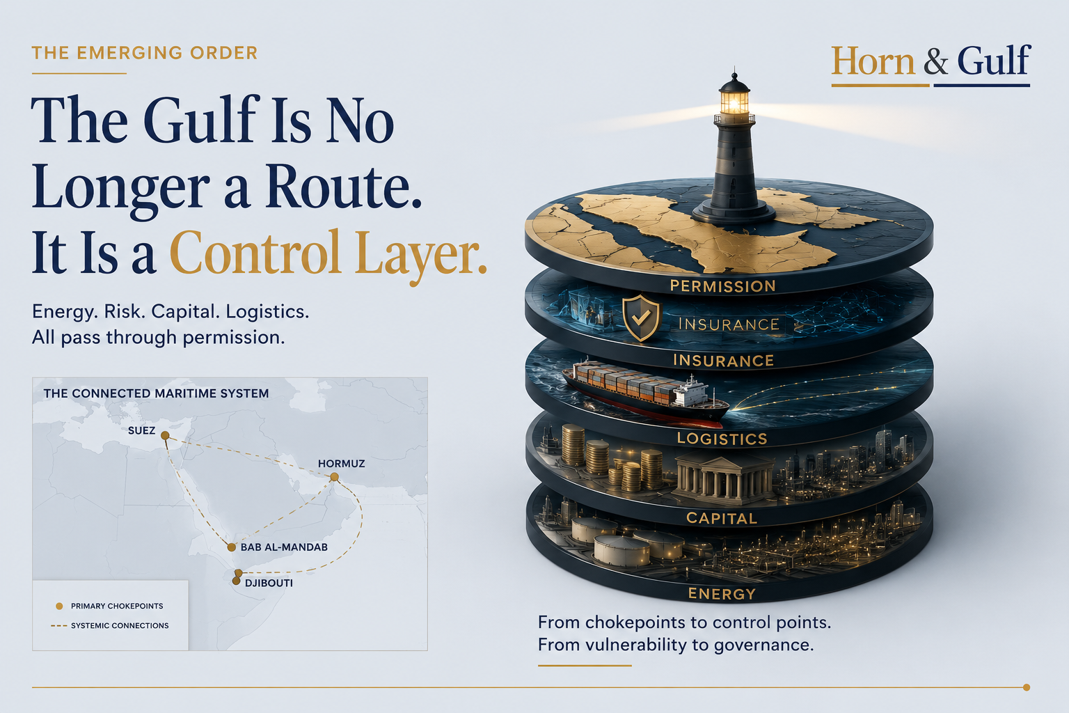 Editorial visualization of the Gulf as a systemic control layer connecting energy, insurance, logistics and capital flows through Hormuz.