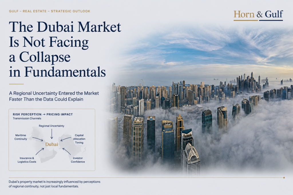 Dubai skyline above fog illustrating regional uncertainty and Dubai property market resilience in 2026