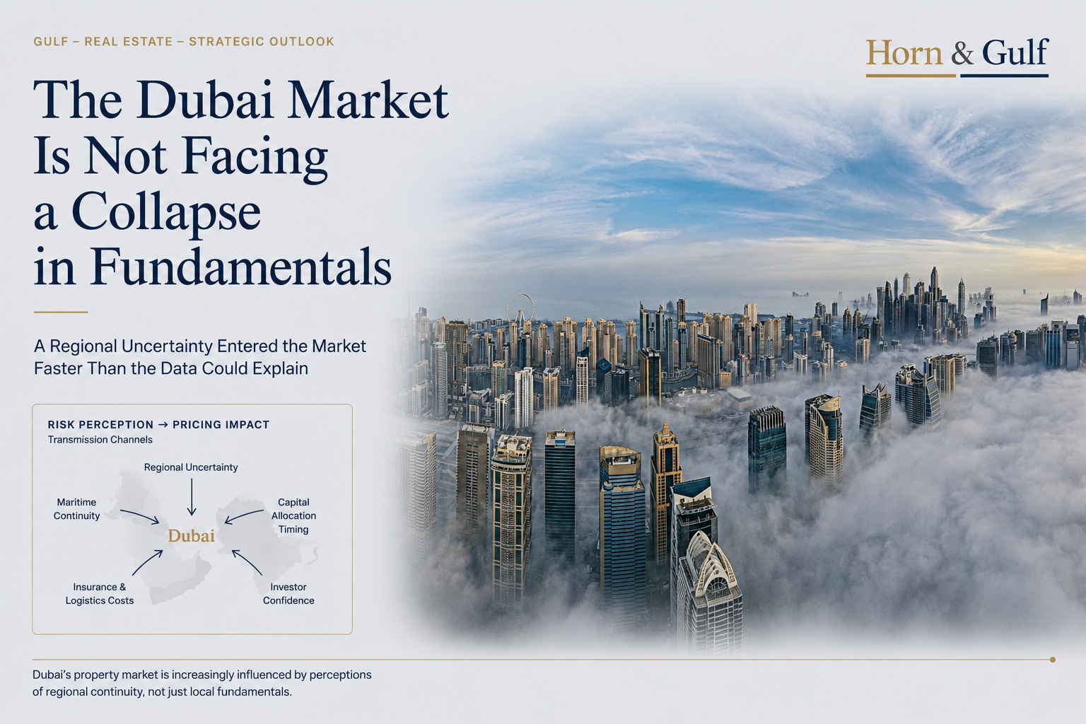 Dubai skyline above fog illustrating regional uncertainty and Dubai property market resilience in 2026
