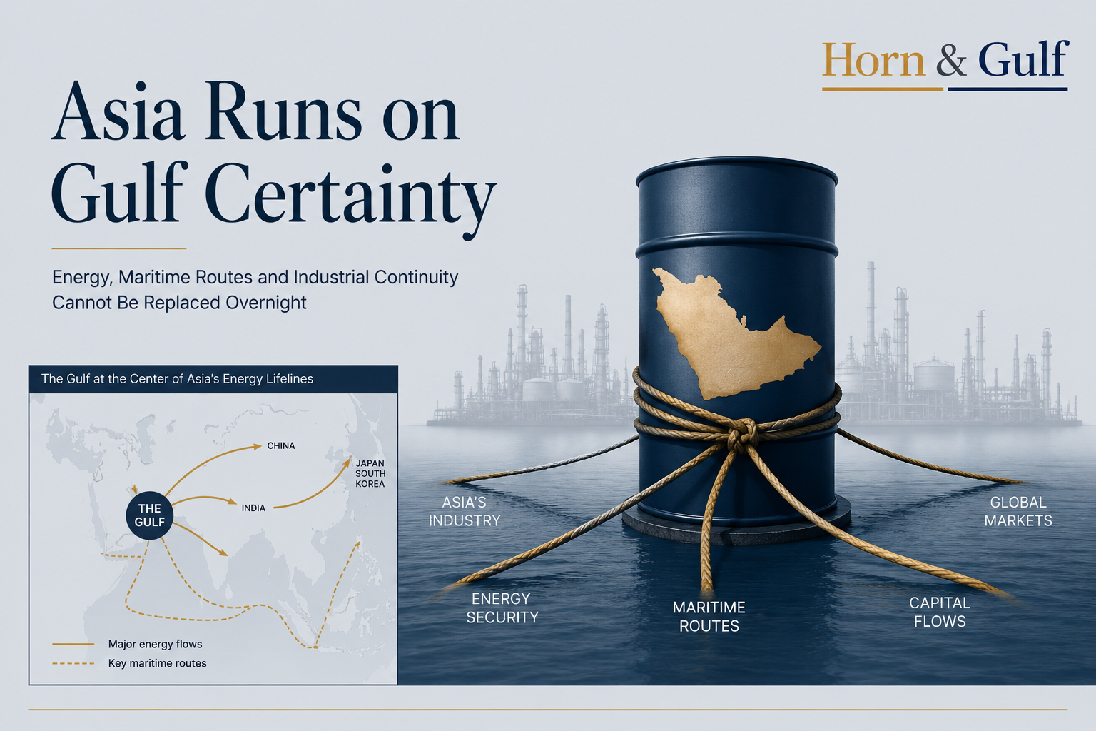 Editorial visualization showing Gulf crude as a strategic foundation of Asia’s industrial and maritime systems