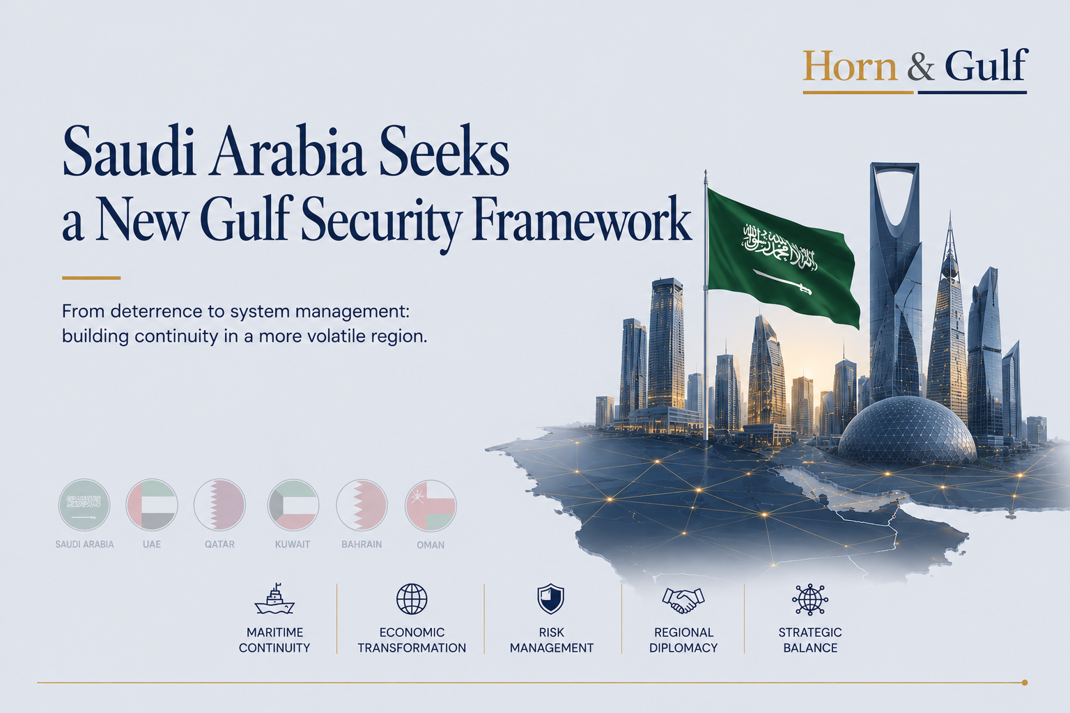 Editorial illustration showing Saudi Arabia’s evolving Gulf security framework through regional connectivity, strategic infrastructure and continuity-focused security architecture.