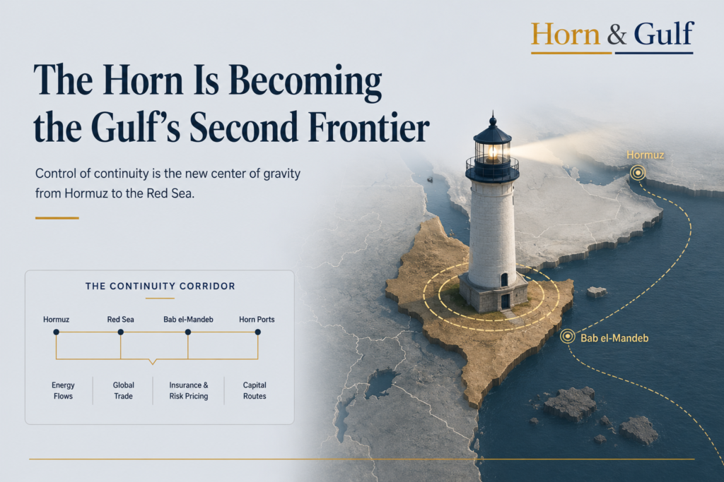 Editorial map visual showing the Horn of Africa as part of the Gulf’s emerging maritime continuity system between Hormuz and Bab el-Mandeb.