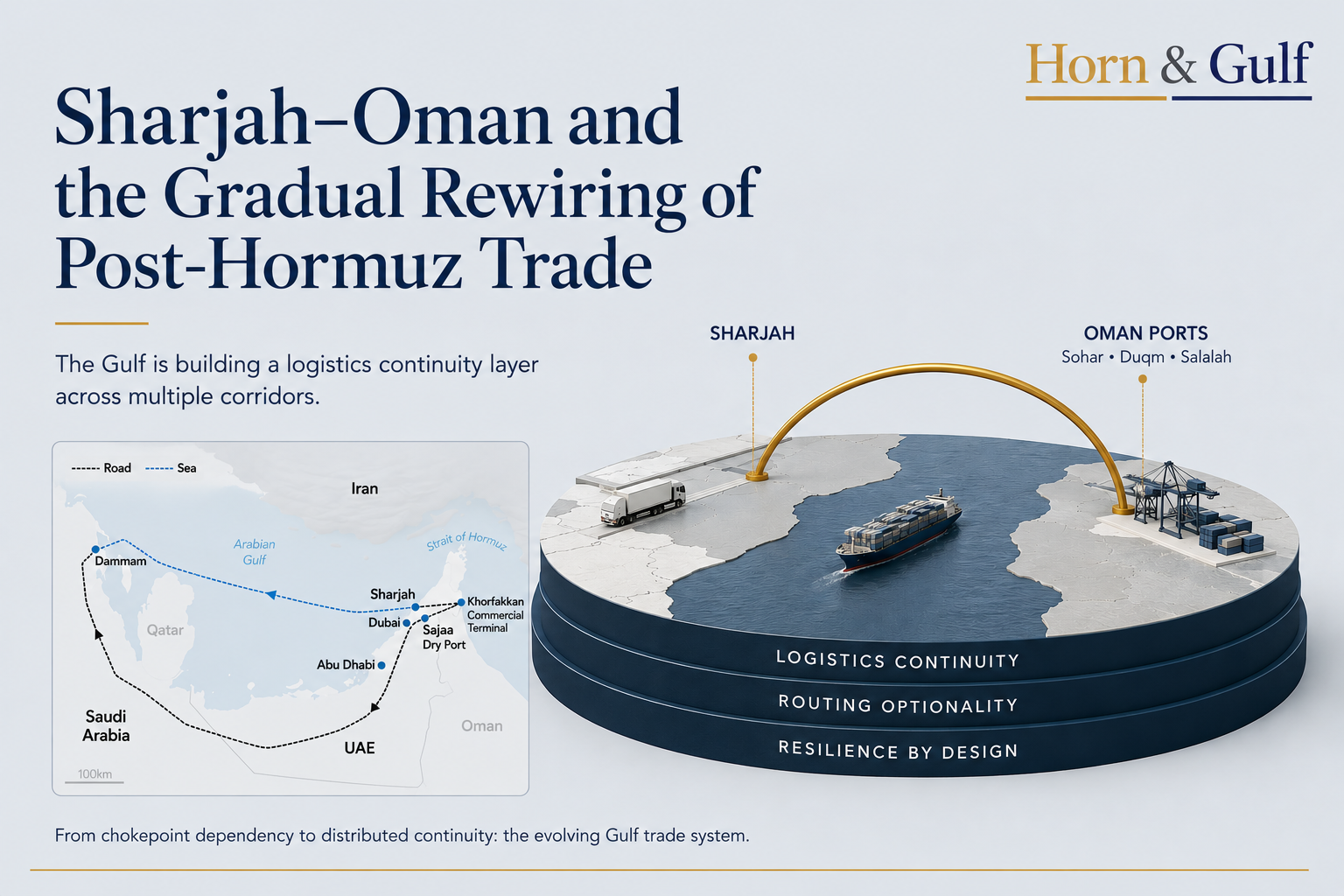 Editorial map and logistics visualization showing Sharjah–Oman trade connectivity and Gulf continuity corridors after Hormuz tensions.
