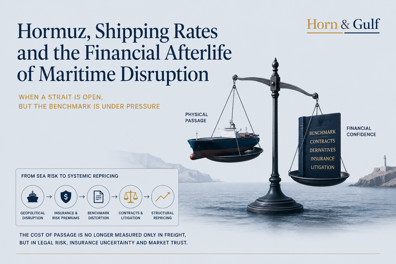 Editorial illustration showing a balance scale between physical maritime passage and financial market confidence during Hormuz disruption.