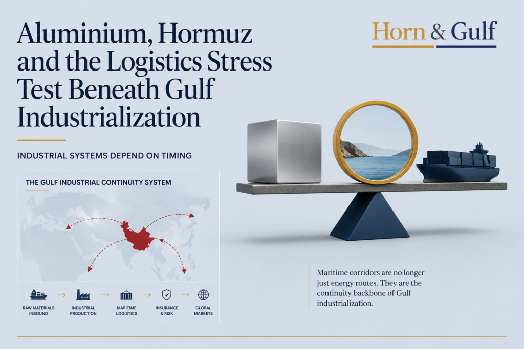 Editorial Horn & Gulf hero visual showing aluminium production, maritime logistics and Hormuz as a strategic industrial continuity chokepoint.