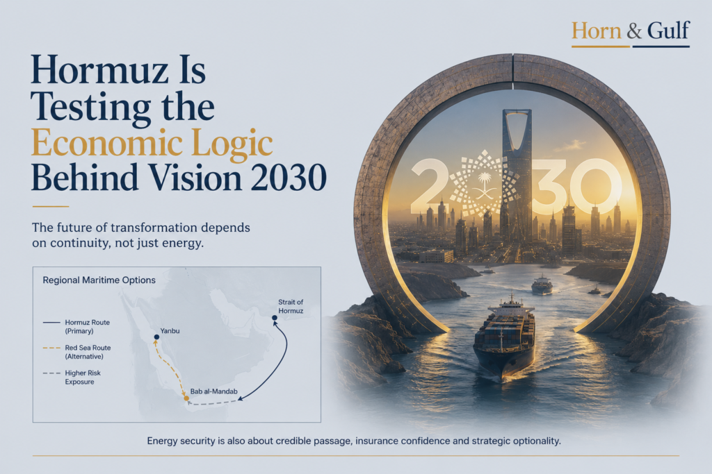 Editorial visualization of Hormuz testing the economic logic behind Saudi Vision 2030 through maritime continuity and logistics resilience