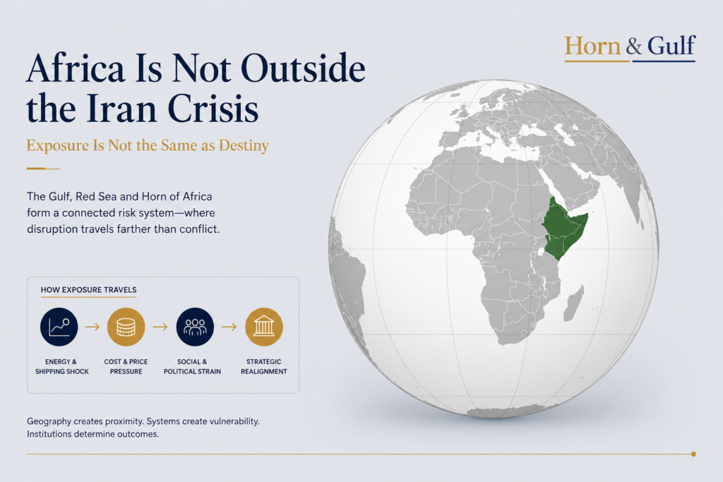 Editorial map visual showing the Gulf, Red Sea and Horn of Africa as a connected geopolitical and maritime risk system.