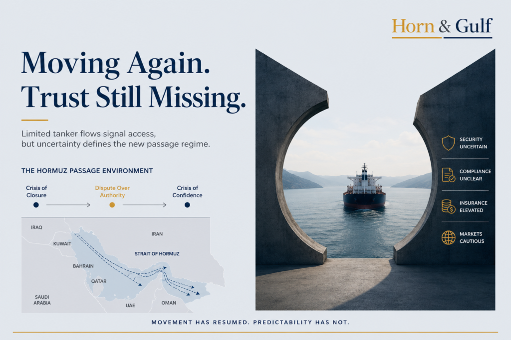Editorial visualization of a tanker moving through the Strait of Hormuz amid operational uncertainty and maritime risk concerns.