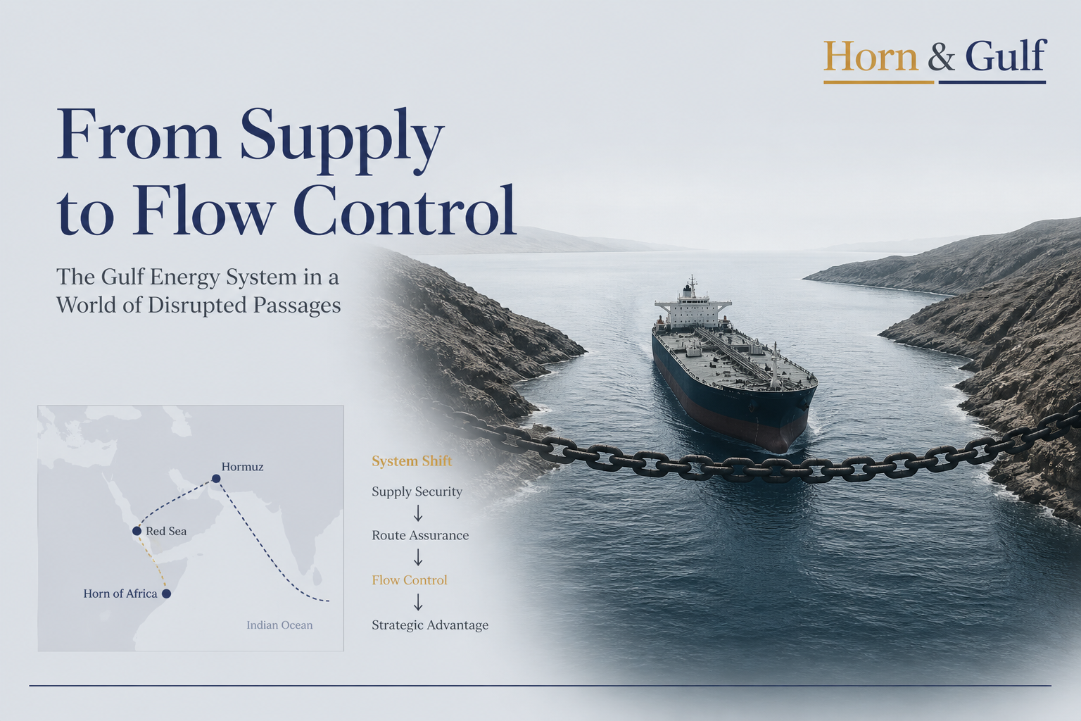 Editorial visualization showing the transition of the Gulf energy system from supply-based security to flow-based control under Hormuz Strait disruption.