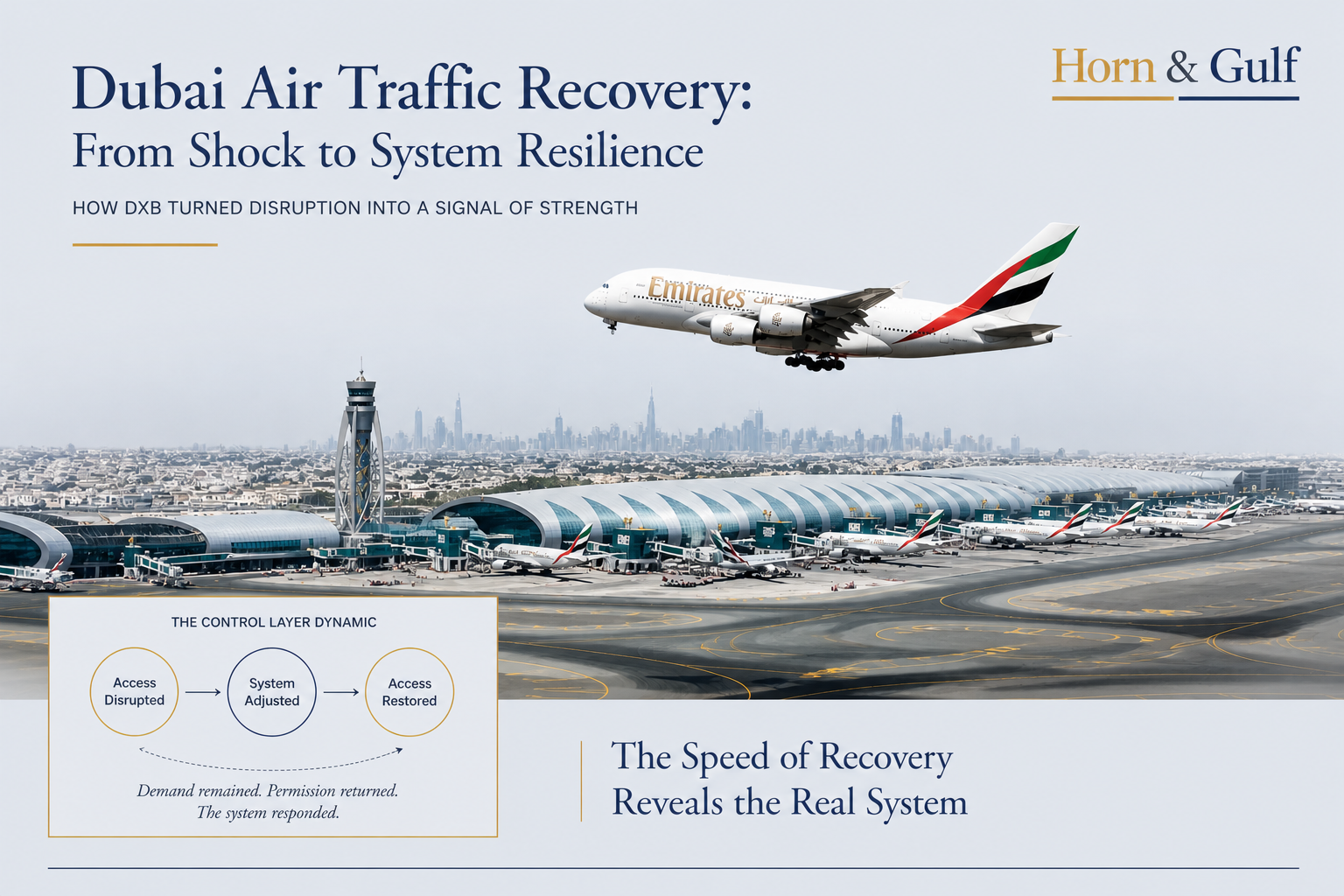 Dubai air traffic recovery visual showing DXB airport and Emirates aircraft after regional airspace disruption