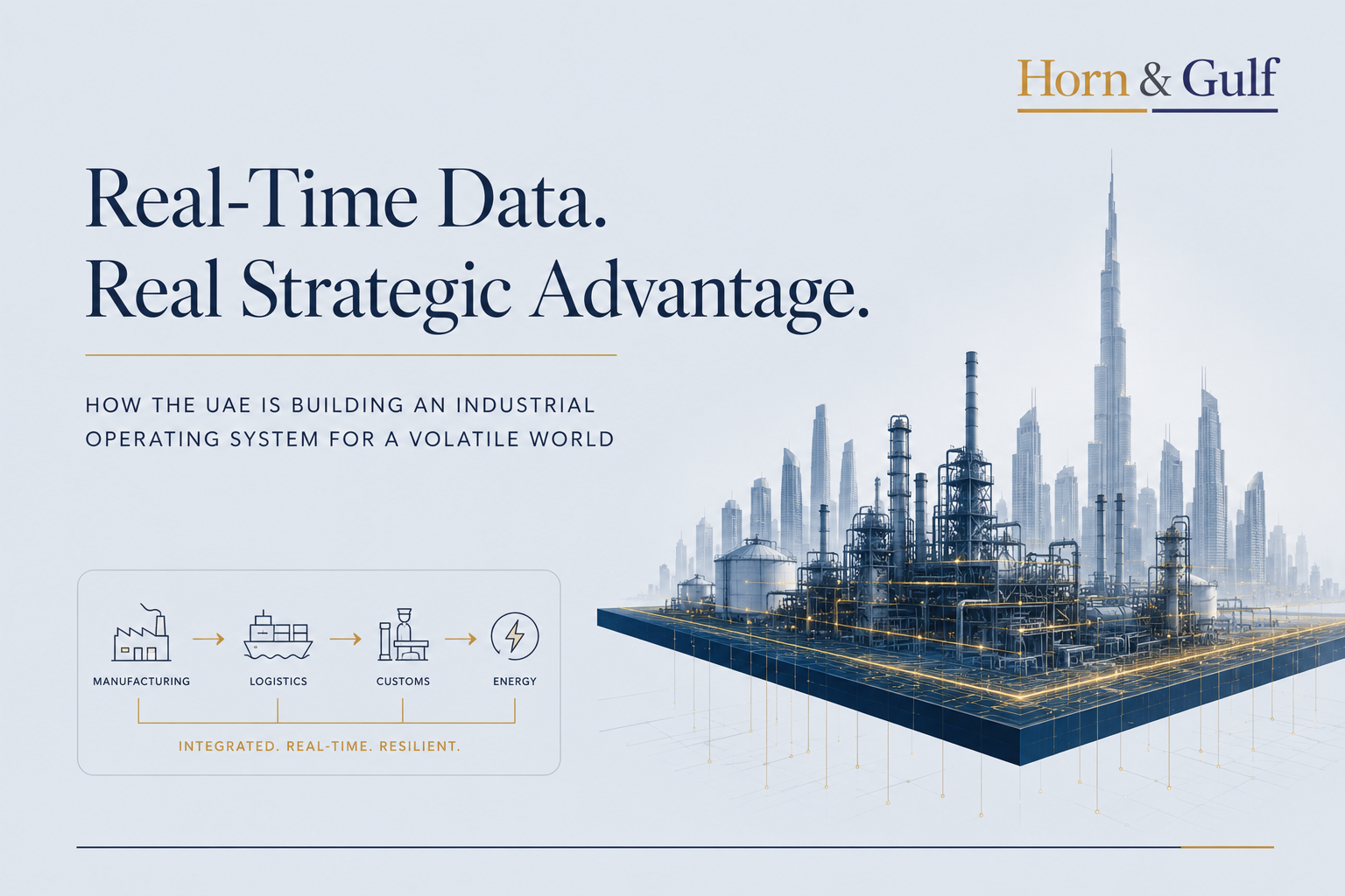 Editorial think tank visualization showing the UAE’s industrial transformation strategy through integrated real-time data infrastructure, logistics coordination and national resilience architecture.
