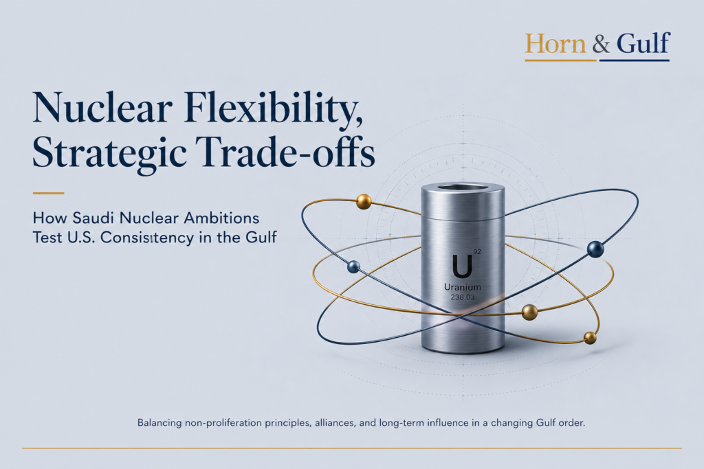 Editorial visualization of Saudi nuclear flexibility and U.S. strategic trade-offs in the Gulf