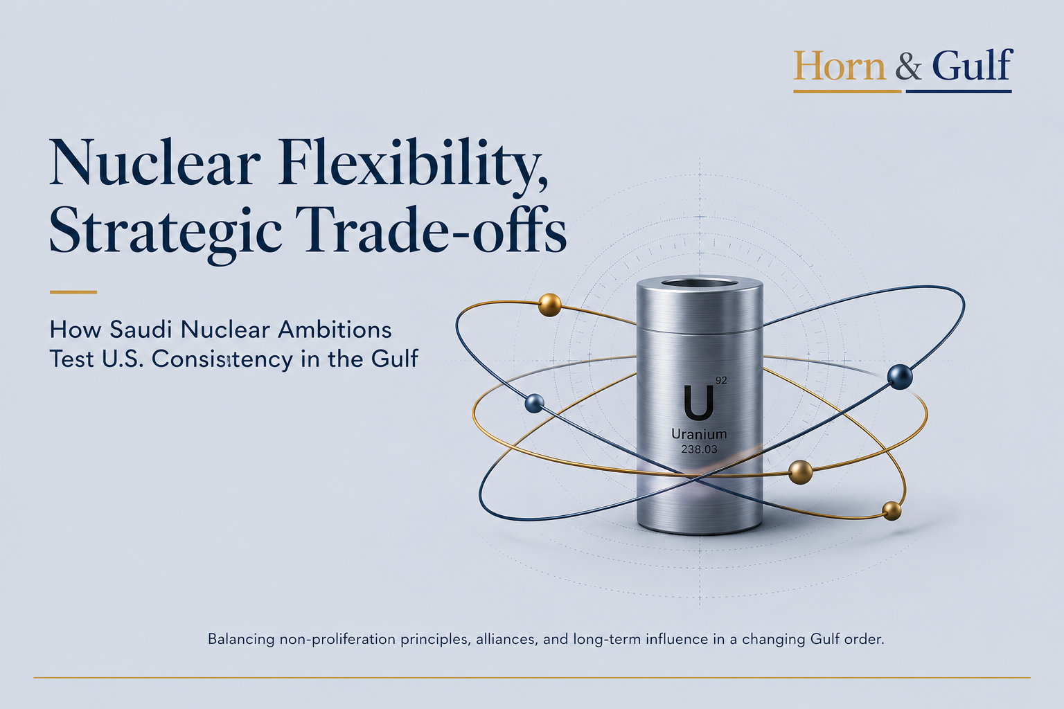 Editorial visualization of Saudi nuclear flexibility and U.S. strategic trade-offs in the Gulf