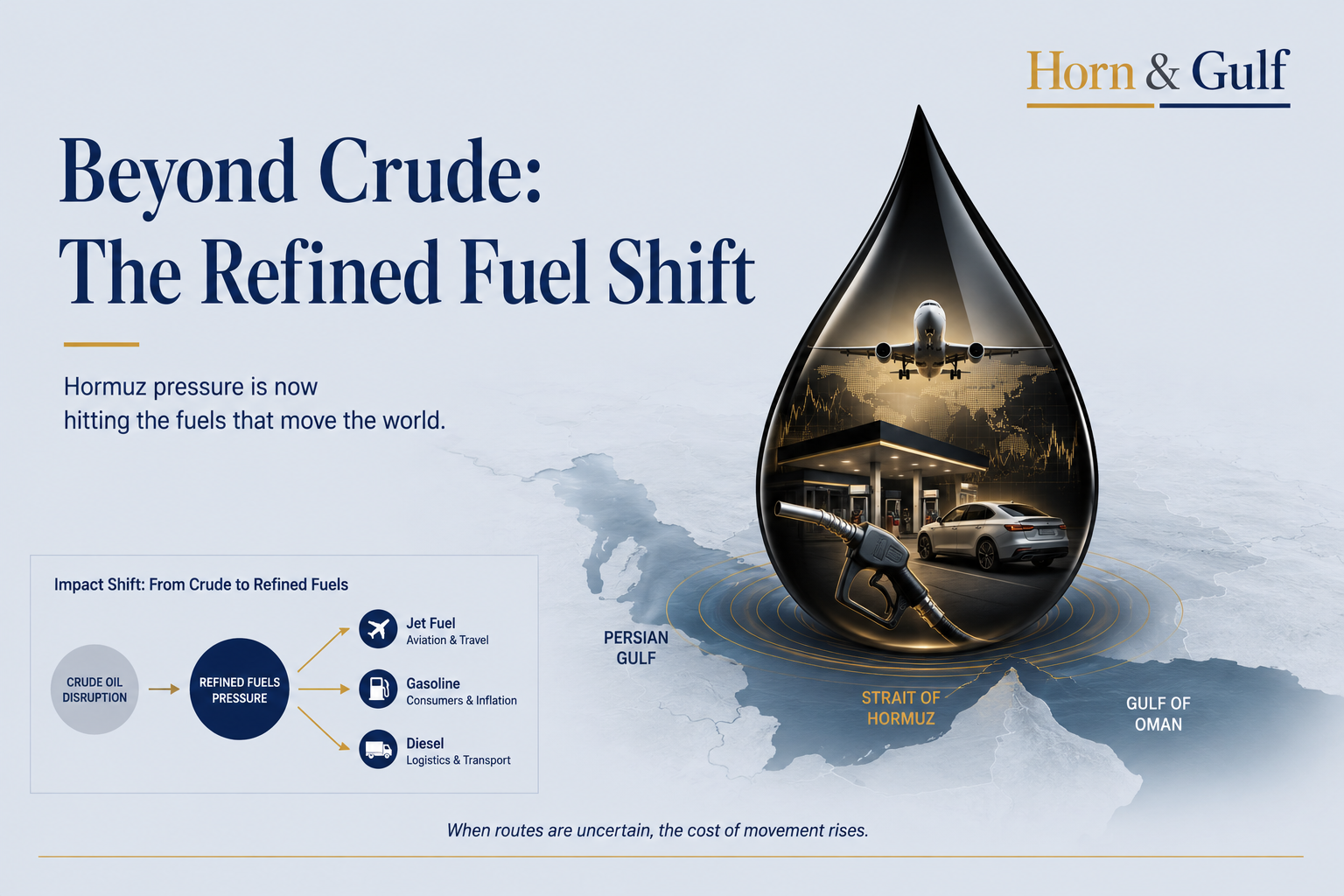 Editorial visualization showing the Hormuz crisis shifting pressure from crude oil toward jet fuel, gasoline and refined fuel systems.