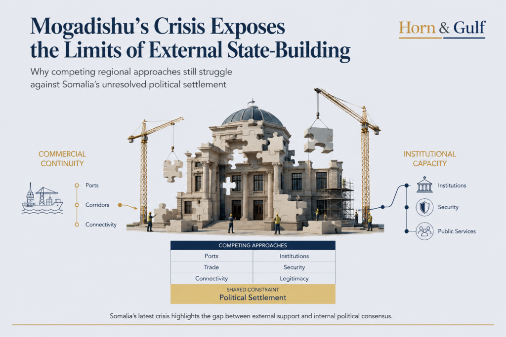 Editorial illustration showing an incomplete state structure supported by competing approaches to Somali state-building, including institutions and commercial infrastructure.