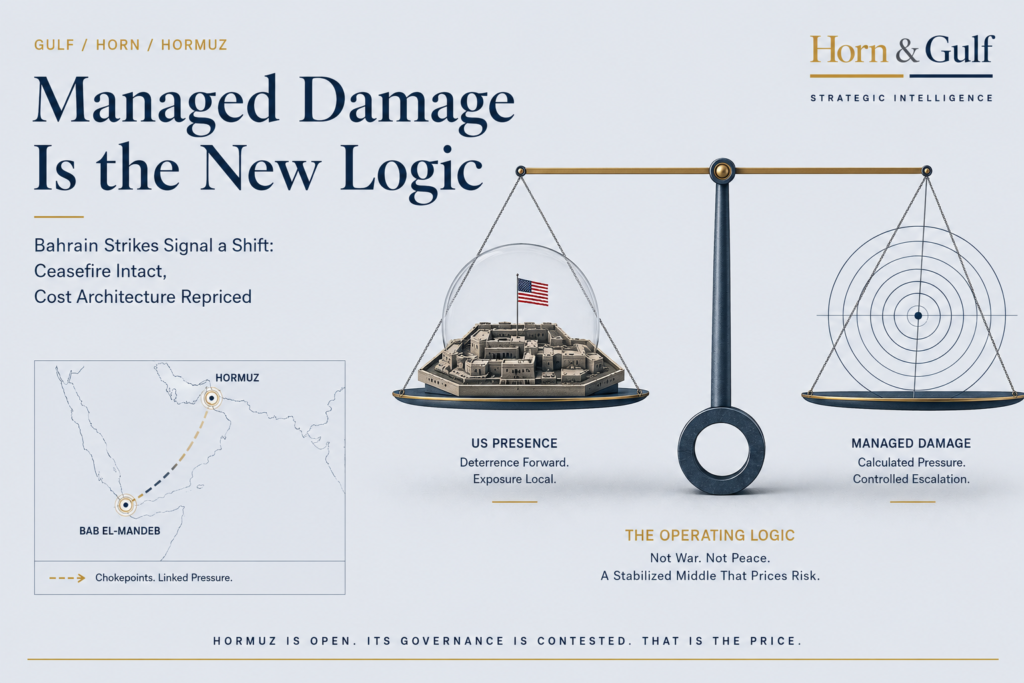 Editorial illustration showing a balanced scale representing U.S. military presence and calibrated strategic pressure as a metaphor for the Bahrain strikes and the evolving Gulf ceasefire.