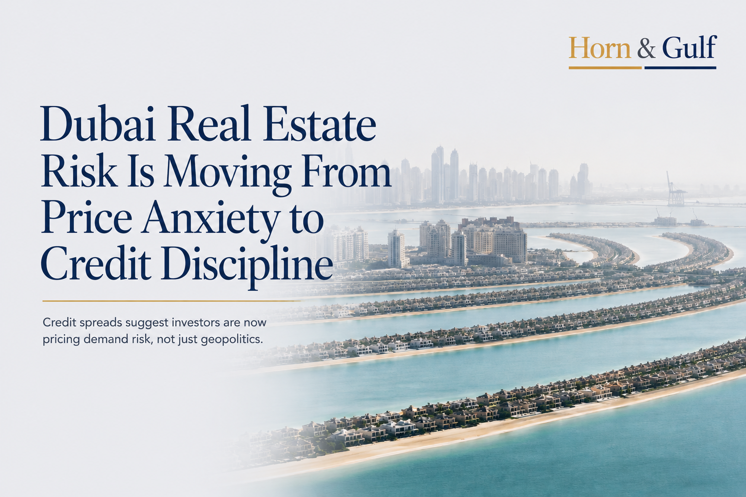 Aerial view of Palm Jumeirah illustrating Dubai real estate risk and changing investor focus from prices to developer credit quality.