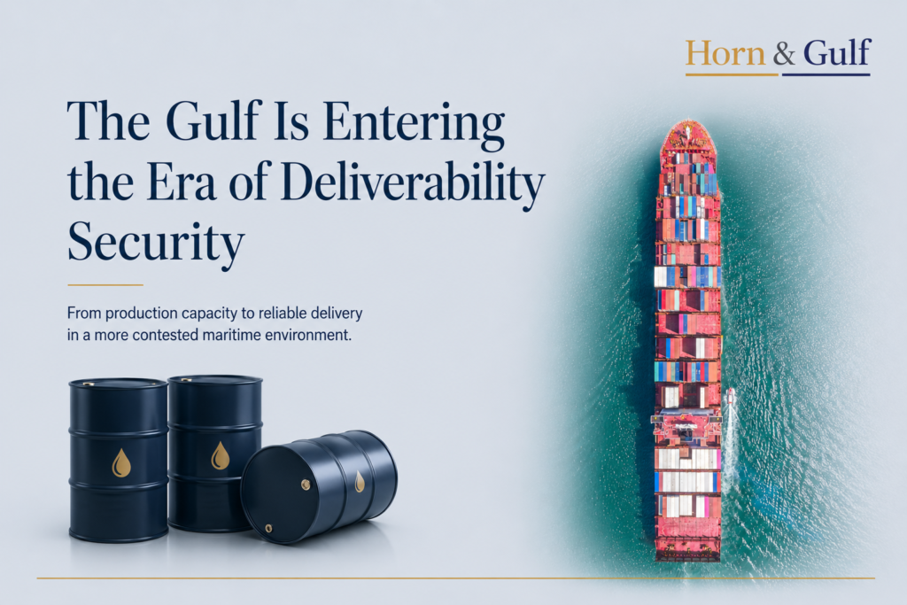 Editorial illustration showing Gulf energy deliverability, oil barrels and maritime transport routes as a strategic energy-security concept.