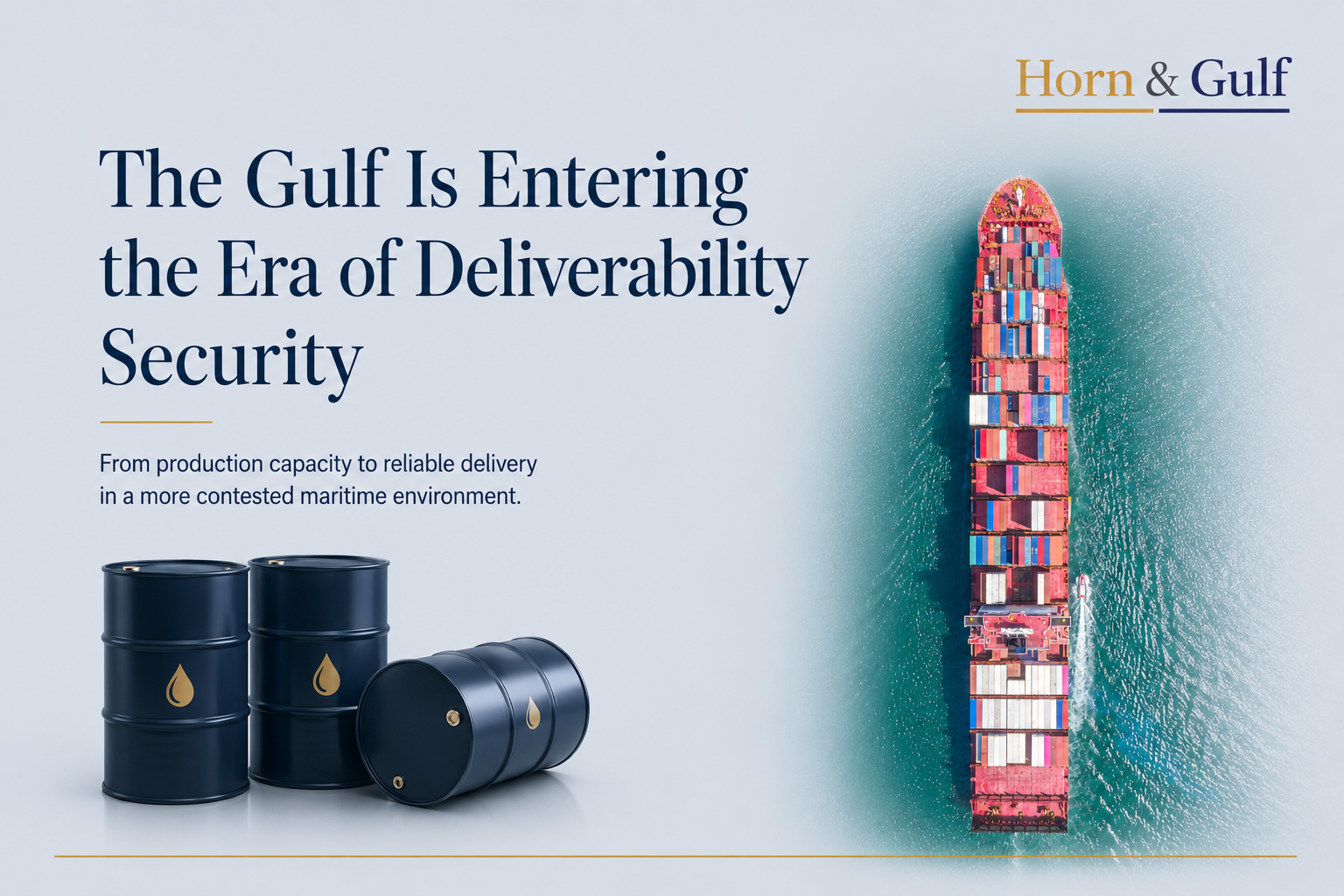 Editorial illustration showing Gulf energy deliverability, oil barrels and maritime transport routes as a strategic energy-security concept.