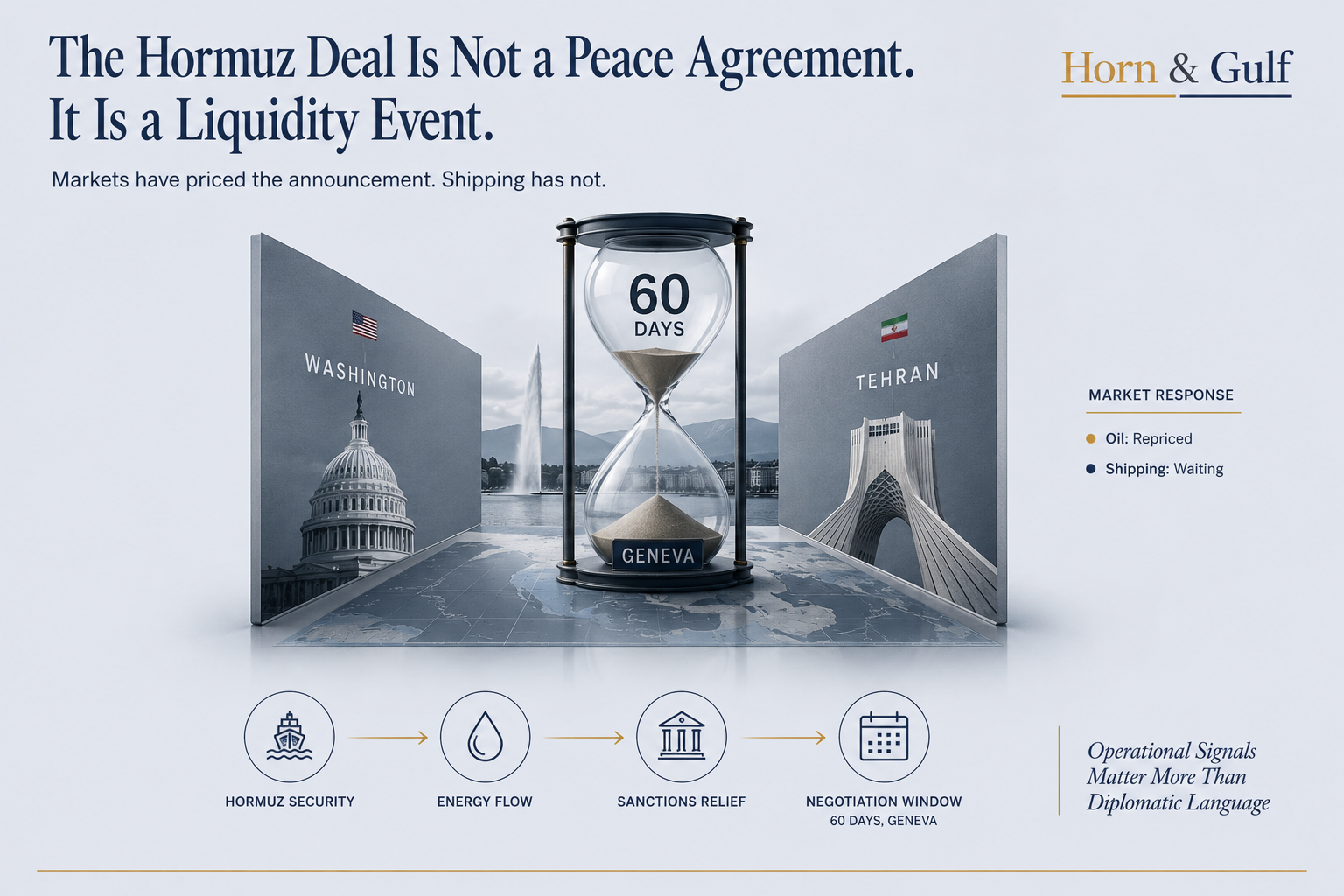 Editorial visualization showing a 60-day Geneva negotiation framework between Washington and Tehran linked to Hormuz maritime security.
