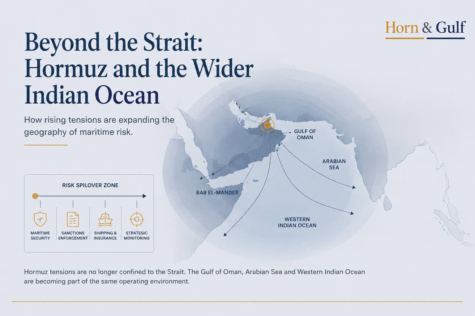 Map showing how Hormuz-related maritime risk extends into the Gulf of Oman, Arabian Sea and Western Indian Ocean