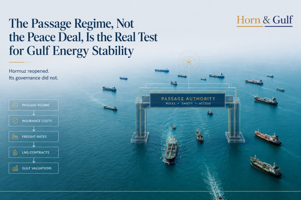 Conceptual illustration of the Strait of Hormuz showing maritime governance and passage-regime negotiations after the Islamabad MoU.