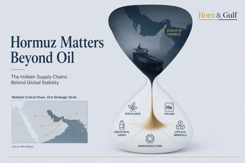 Commercial vessels transiting the Strait of Hormuz amid rising concerns over energy and industrial supply chain security