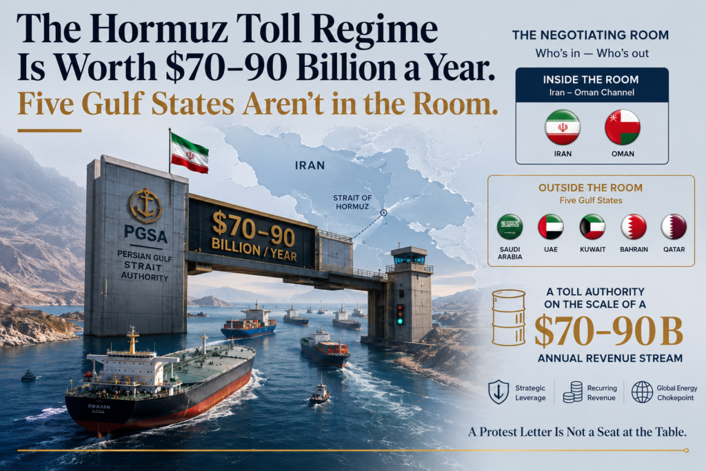 Editorial illustration showing the Hormuz toll regime, the Persian Gulf Strait Authority and the exclusion of five Gulf states from negotiations over Strait of Hormuz governance.