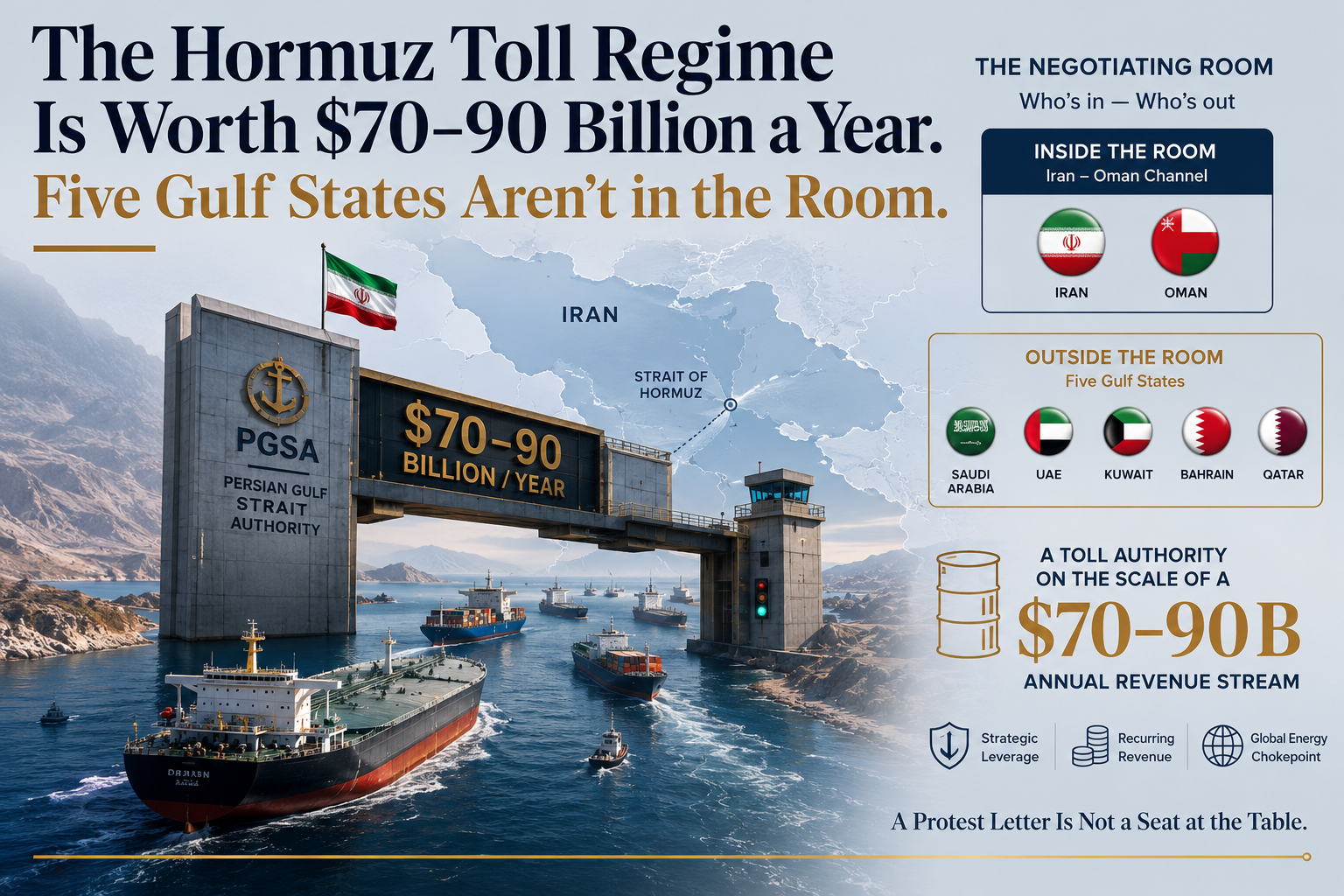 Editorial illustration showing the Hormuz toll regime, the Persian Gulf Strait Authority and the exclusion of five Gulf states from negotiations over Strait of Hormuz governance.