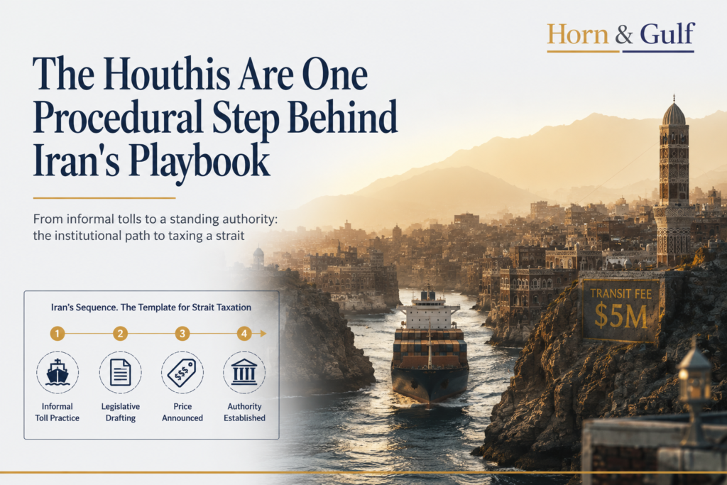 Editorial illustration showing a cargo vessel navigating a narrow maritime corridor toward a fortified authority, symbolizing the institutionalization of Houthi transit fees in the Red Sea.