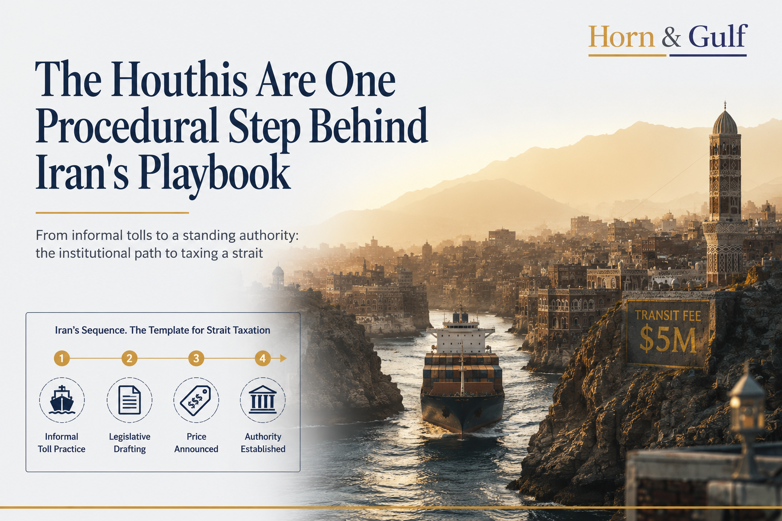 Editorial illustration showing a cargo vessel navigating a narrow maritime corridor toward a fortified authority, symbolizing the institutionalization of Houthi transit fees in the Red Sea.