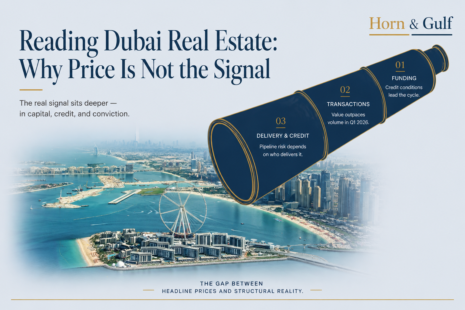 Editorial illustration showing Dubai real estate risk through credit markets rather than property prices.